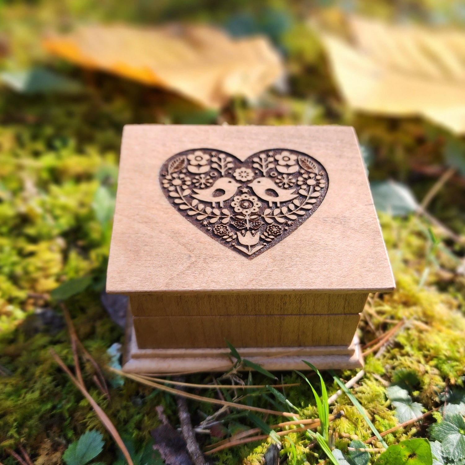 folkart inspired music box, heart design with love birds and flowers inside the heart, choose color, song, add personalizing