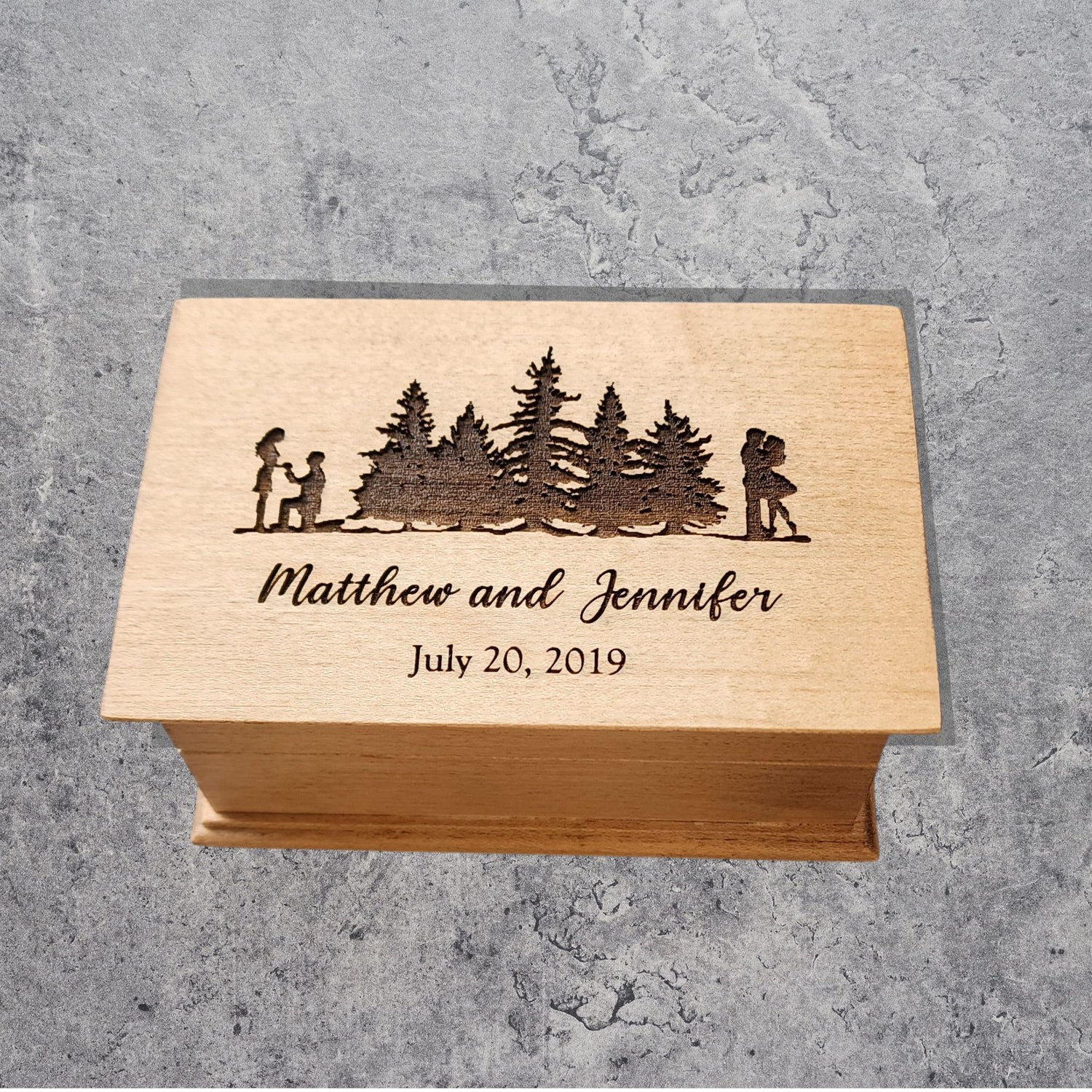 Personalized wooden jewelry box engraved with forest and couple silhouette, names and date – custom song music box handmade in USA, perfect gift for Christmas or your 5th anniversary