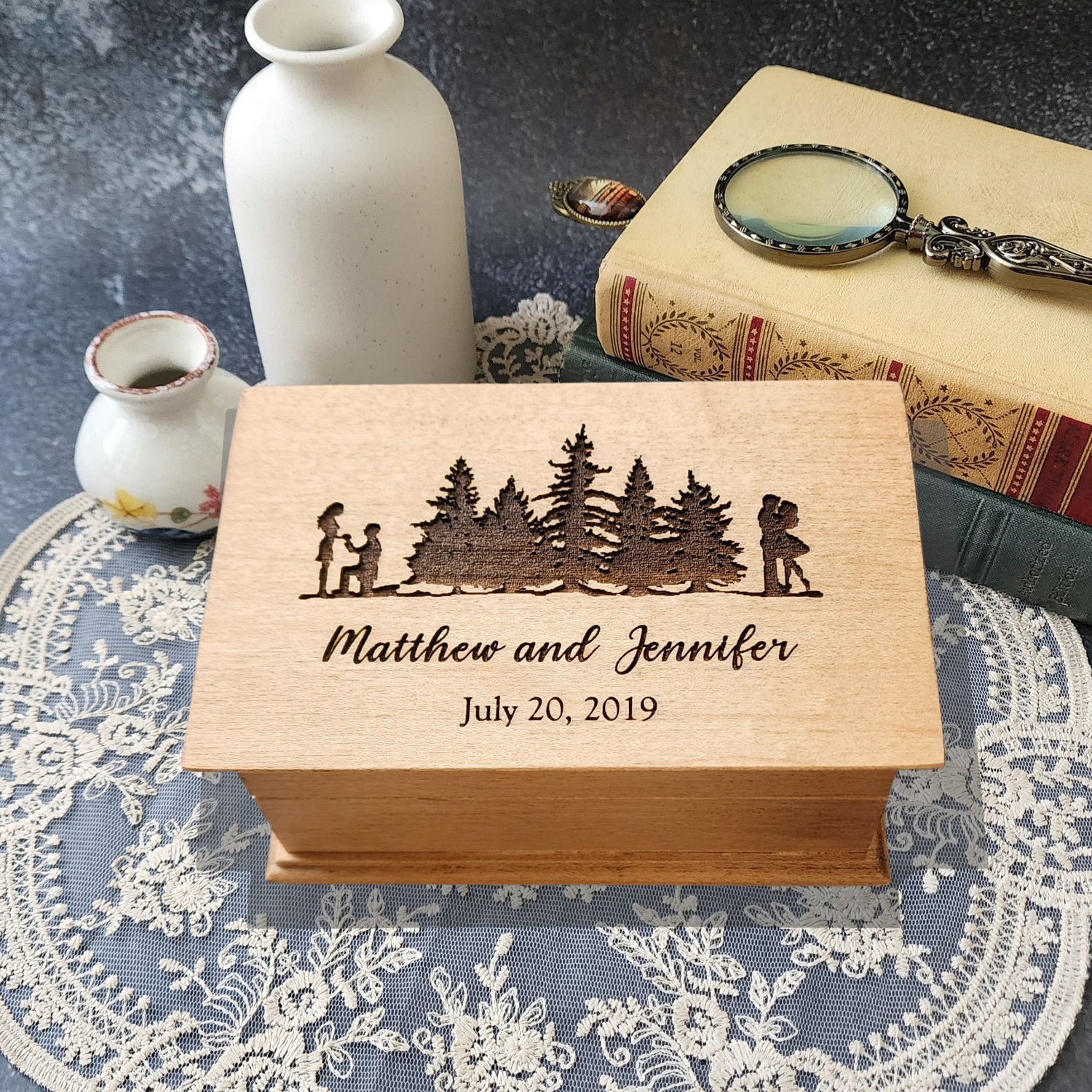 Personalized wooden jewelry box engraved with forest and couple silhouette, names and date – custom song music box handmade in USA, perfect gift for Christmas or your 5th anniversary