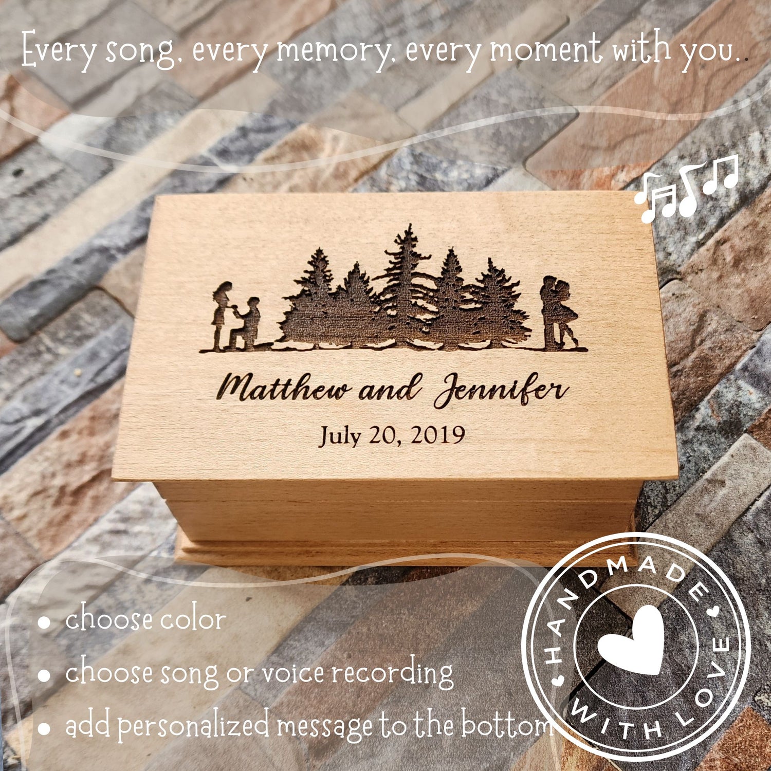 Personalized wooden jewelry box engraved with forest and couple silhouette, names and date – custom song music box handmade in USA, perfect gift for Christmas or your 5th anniversary