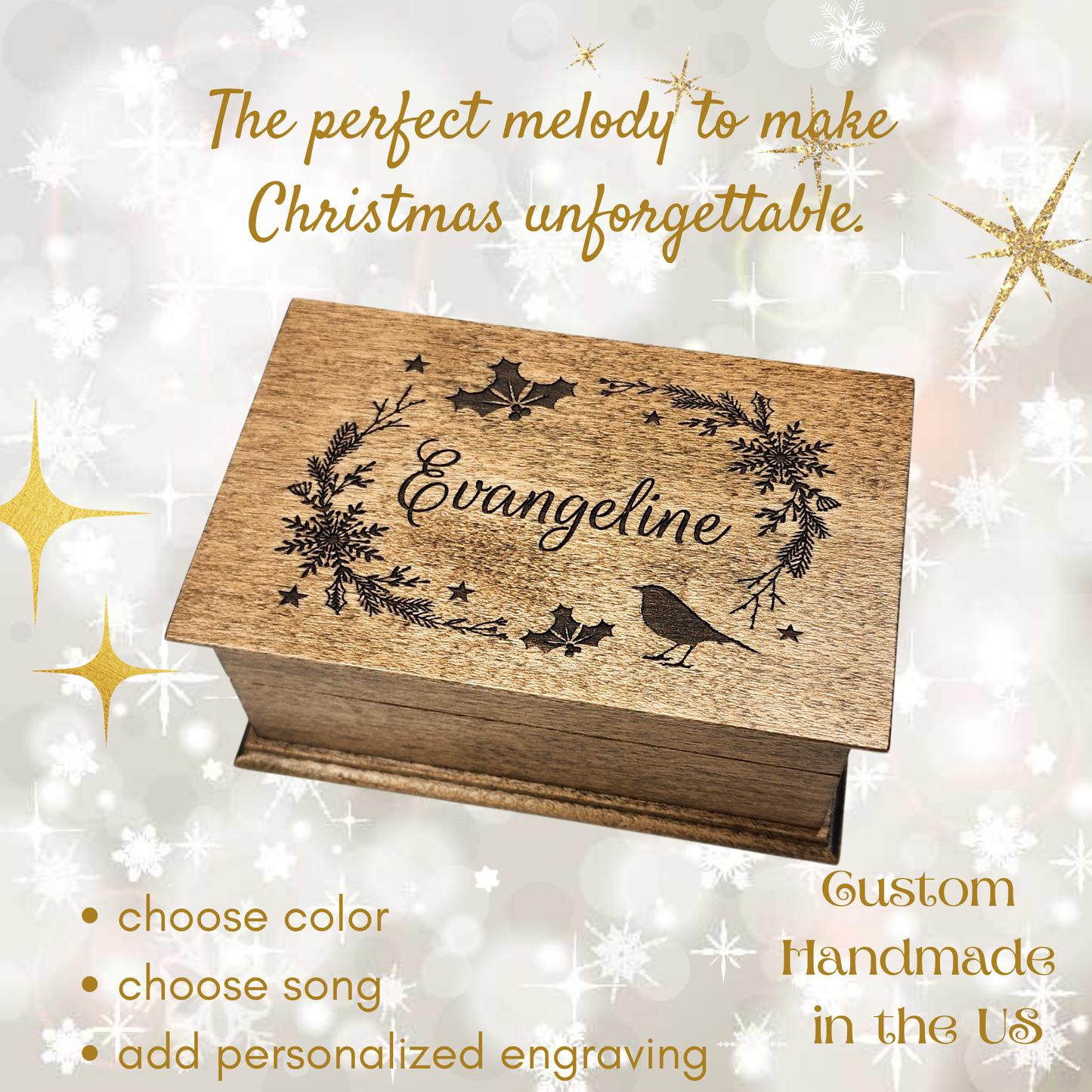 Christmas Music Box Choose Your Song – Name Engraved with a Holiday wreath design