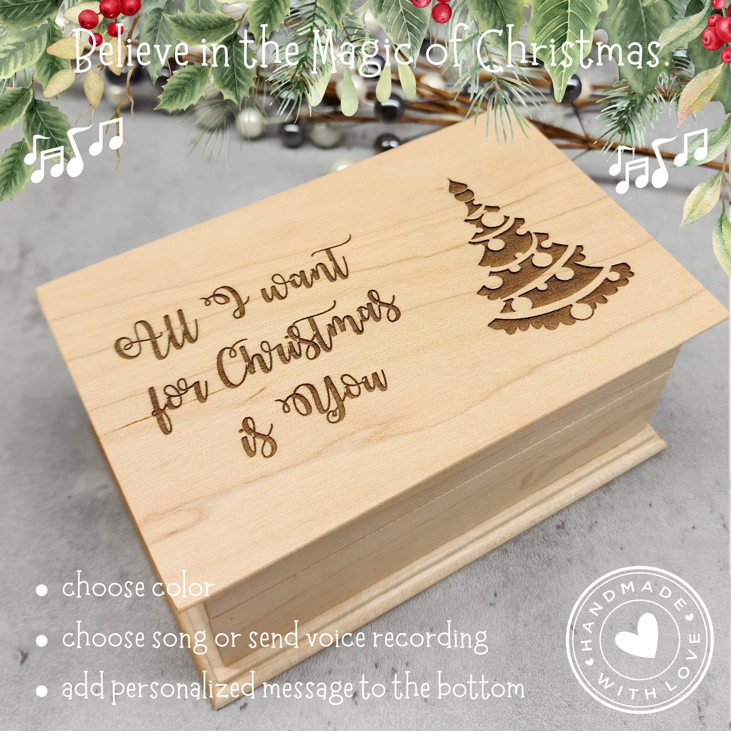 All I Want for Christmas Is You Wooden Music Box – Handmade Personalized Holiday Gift, Choose Your Song
