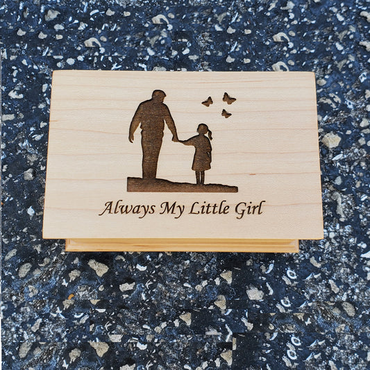 Always My Little Girl with dad and daughter design engraved on top, choose color and song, add personalized message on the back, music box shop, music box by Simplycoolgifts