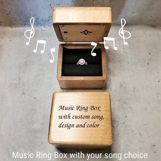 ring box made with high quality US maple wood and it has a built in music player under the lid, you can request personalized engraving on the top and choose from 9 different colors