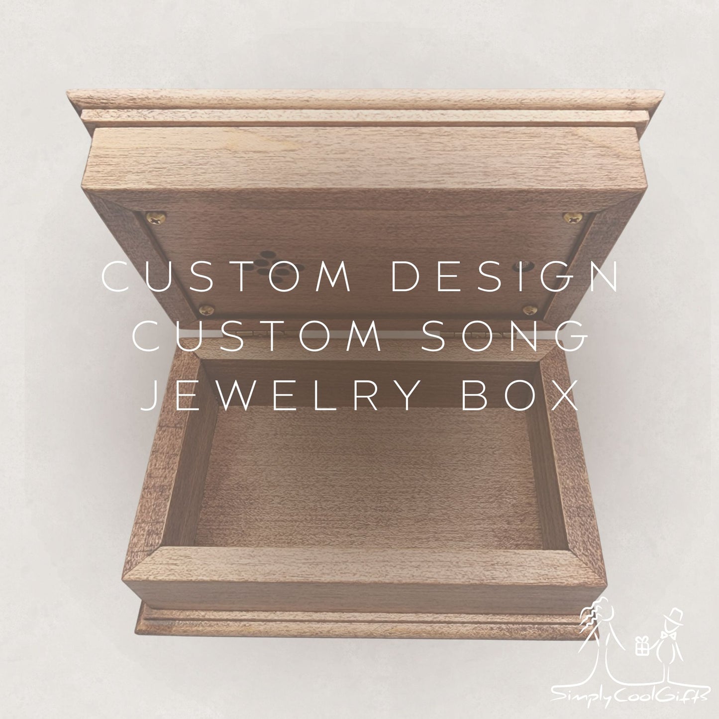 Wooden jewelry box with 'Custom Design Custom Song Jewelry Box' text on a light gray background