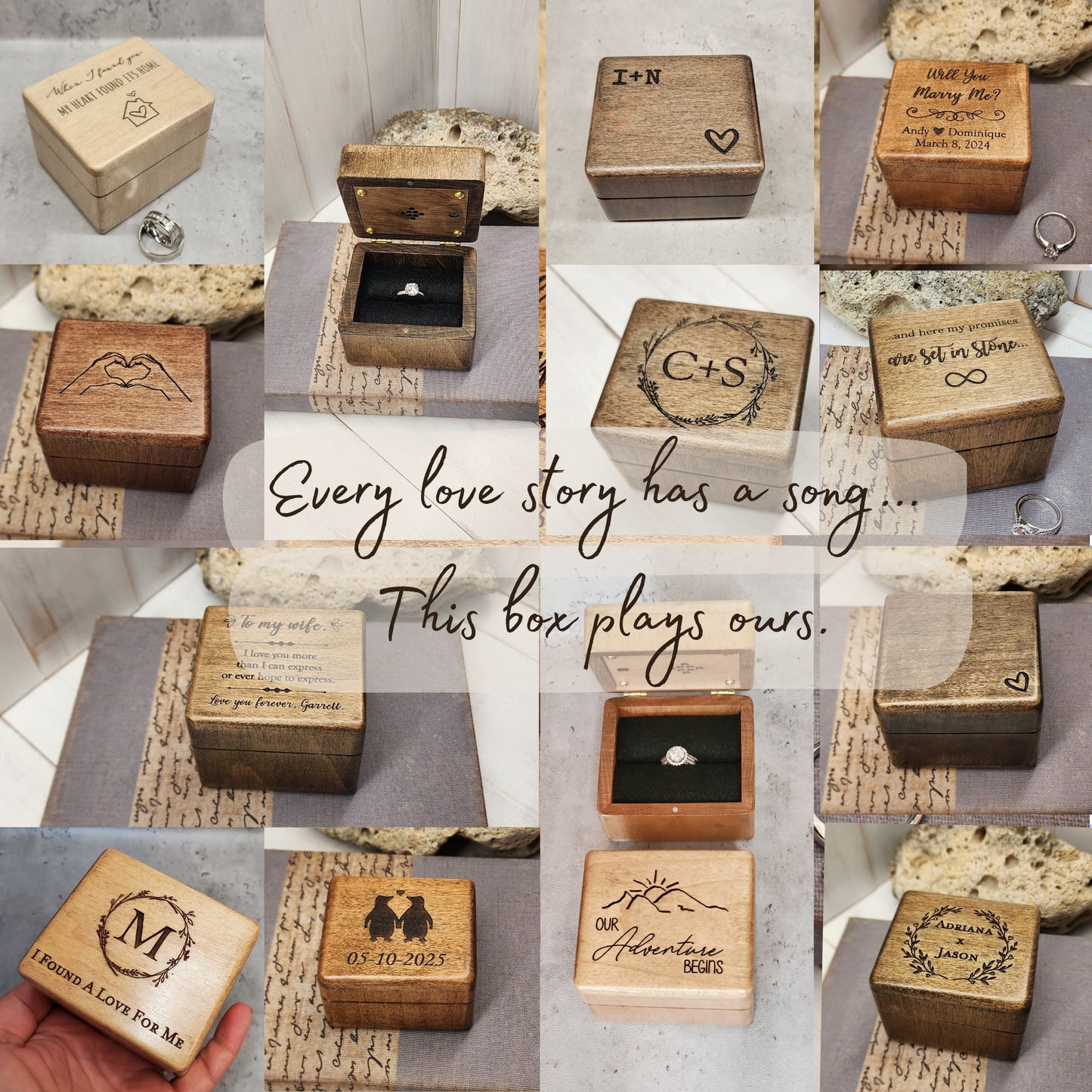 Collage of wooden ring boxes with engraved designs and text.