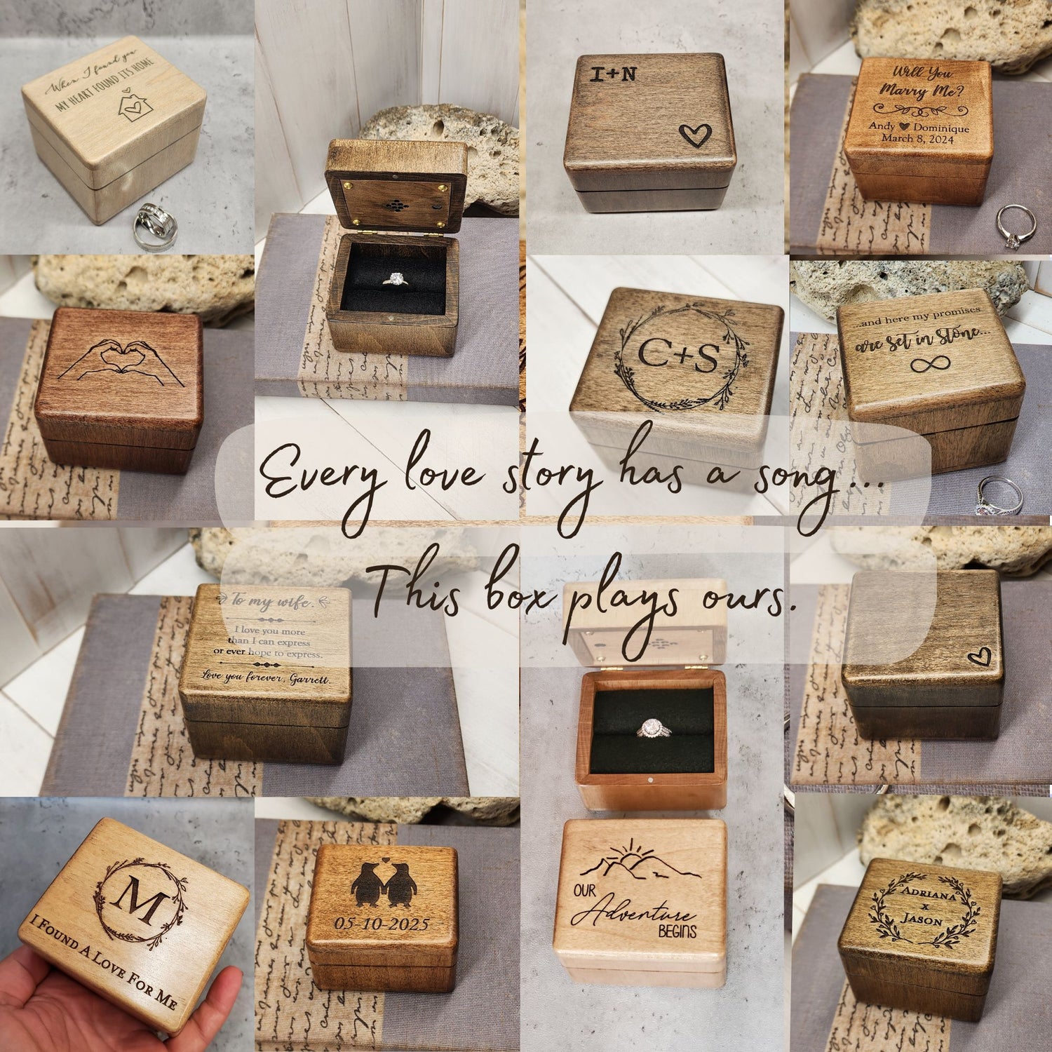 Collage of wooden ring boxes with engraved designs and text.