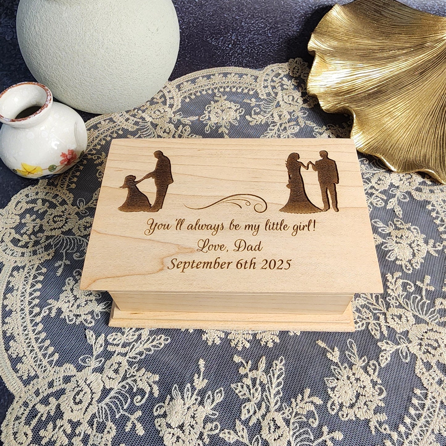 Engraved wooden jewelry box with father and daughter silhouettes — personalized “You’ll always be my little girl” design, handcrafted by SimplyCoolGifts