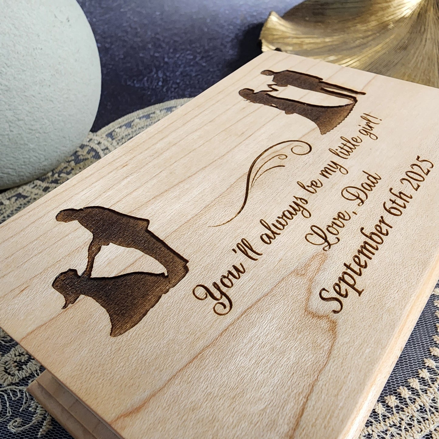 Engraved wooden jewelry box with father and daughter silhouettes — personalized “You’ll always be my little girl” design, handcrafted by SimplyCoolGifts