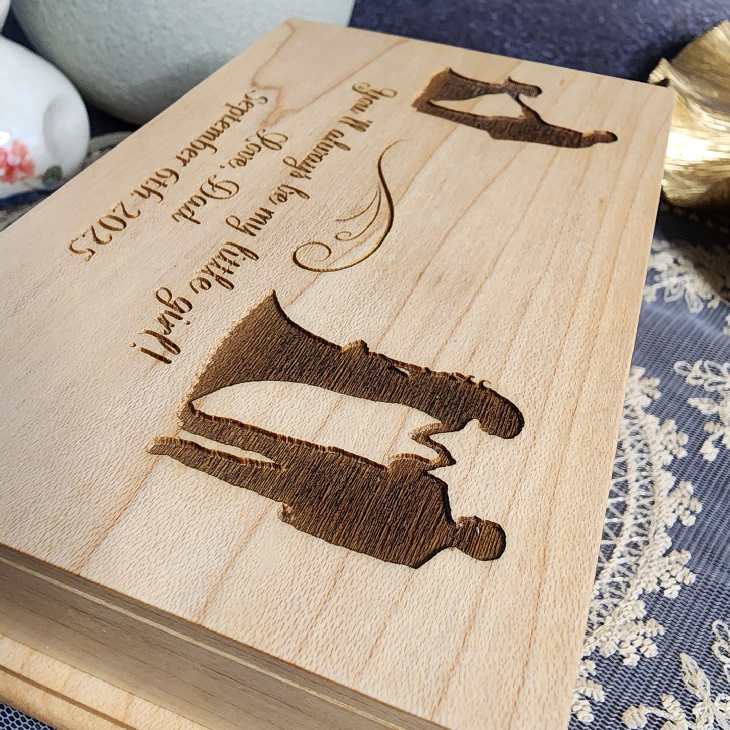 Engraved wooden jewelry box with father and daughter silhouettes — personalized “You’ll always be my little girl” design, handcrafted by SimplyCoolGifts
