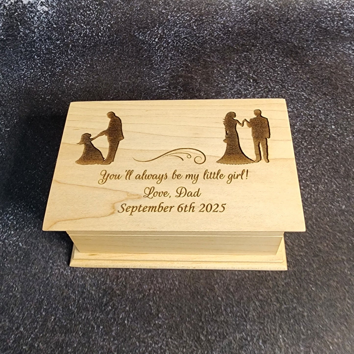 Engraved wooden jewelry box with father and daughter silhouettes — personalized “You’ll always be my little girl” design, handcrafted by SimplyCoolGifts