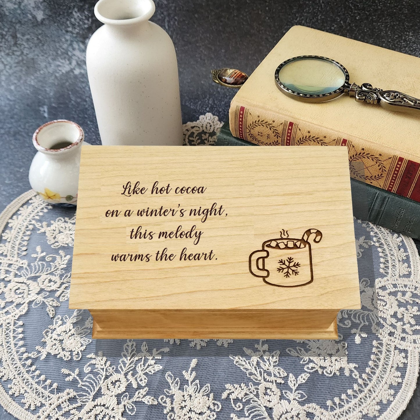 Handmade Christmas music box engraved with hot cocoa mug and holiday quote: " Like hot cocoa on a winter's night, this melody warms the heart. "