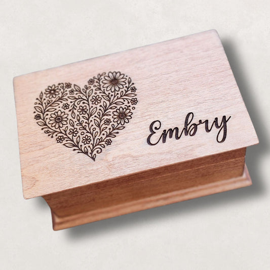 Heart engraved custom song wooden jewelry box with personalized name on lid