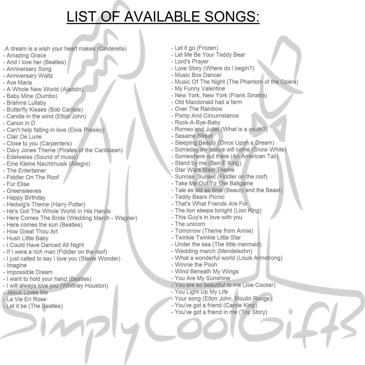 list of song for music box to choose from, CLose to you, Happy Birthday, Here comes the sun,