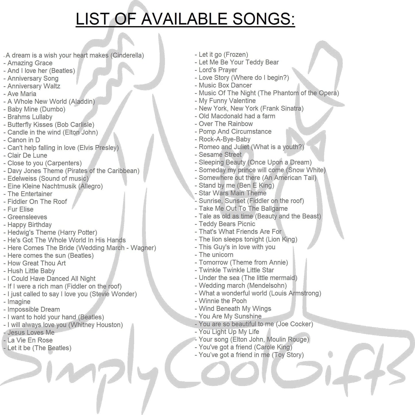 list of song for music box to choose from, CLose to you, Happy Birthday, Here comes the sun,