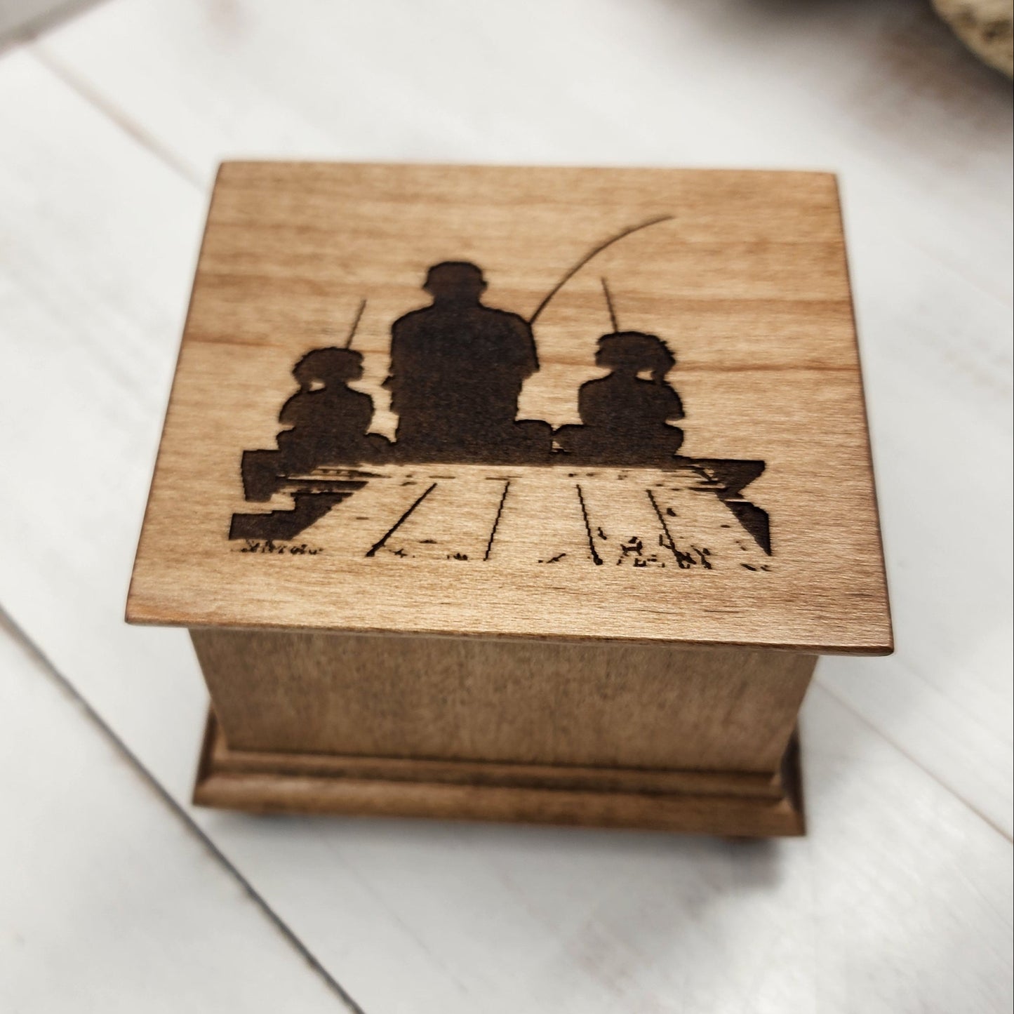 twin girls fishing with Dad silhouette engraved music box, choose song and color, Butterfly Kisses, I want to hold your hand, Stand by me
