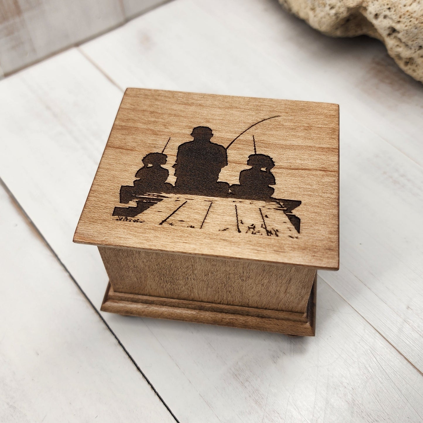 twin girls fishing with Dad silhouette engraved music box, choose song and color, Butterfly Kisses, I want to hold your hand, Stand by me
