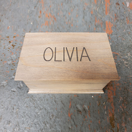 Jewelry box with a name engraved on top, simple font type, choose color and song, add personalized message