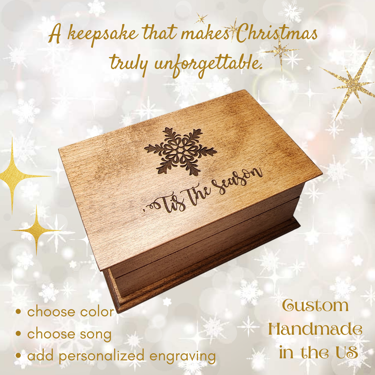 Christmas Music Box Choose Your Song – Handmade Wooden Keepsake with Snowflake Design | ‘Tis the Season Holiday Gift
