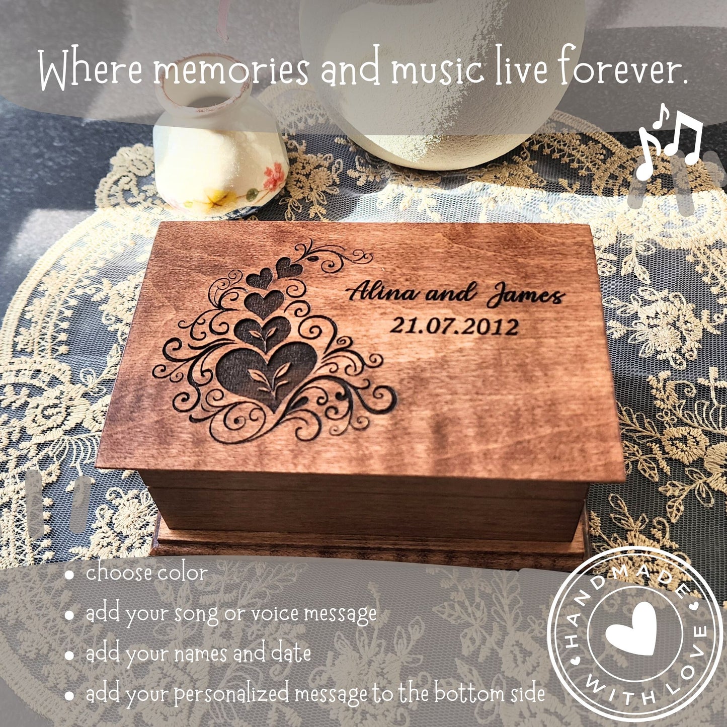 Music Box Choose Your Song – Personalized Wooden Jewelry Box with Custom Engraving, Wedding Anniversary Gift