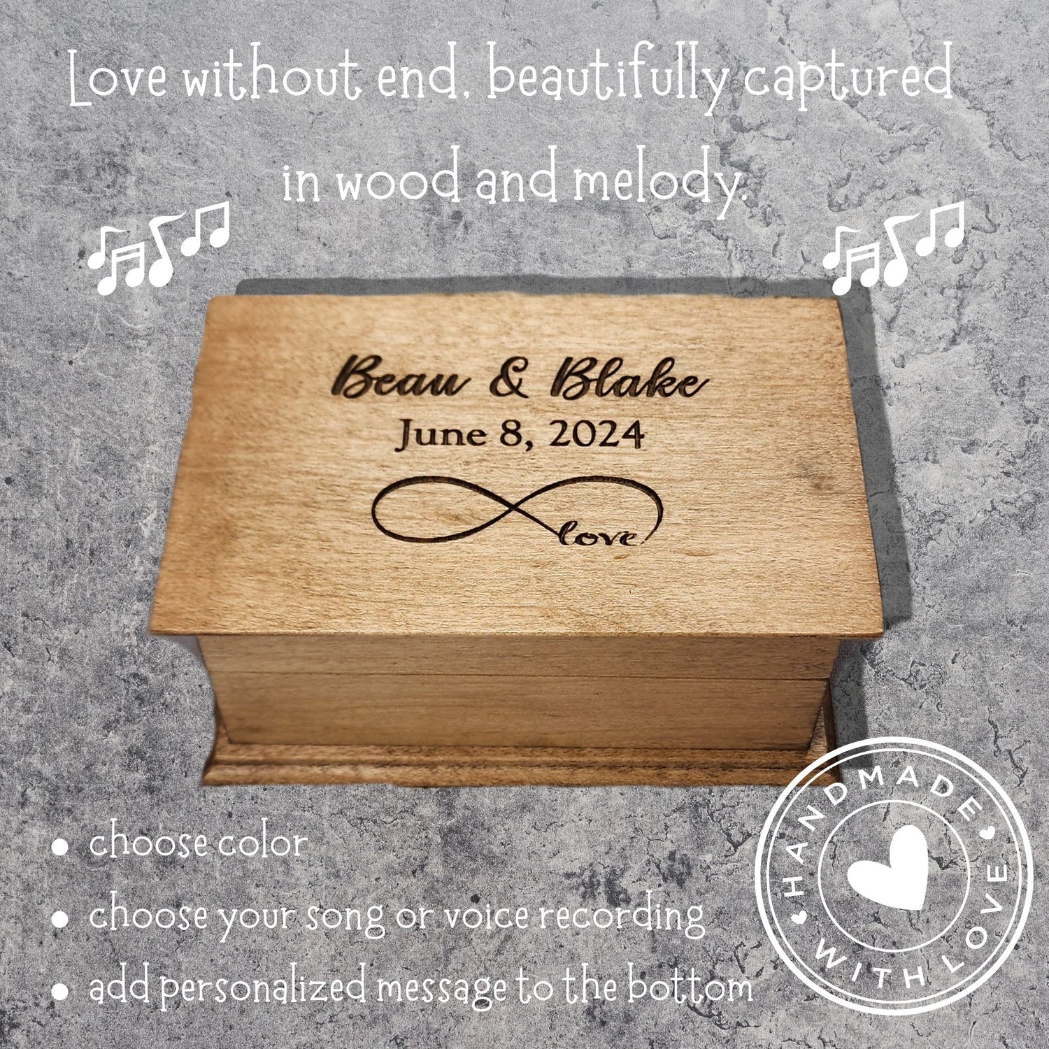 Personalized infinity love music box engraved with names “Beau & Blake,” date “June 8, 2024,” and infinity symbol with word “love.”