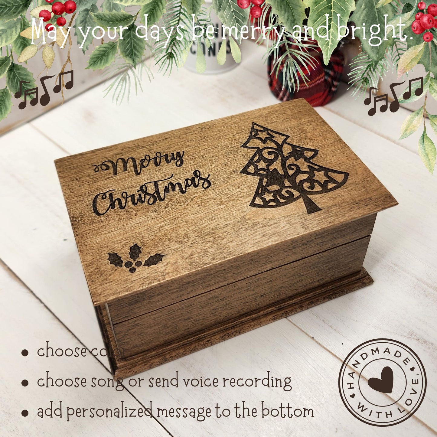 Merry Christmas Wooden Music Box – Handmade Personalized Holiday Keepsake, Choose Your Song