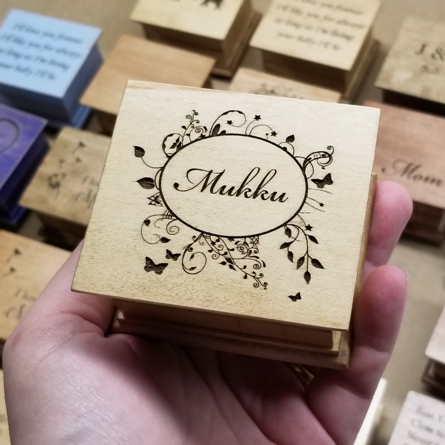 music box with name engraved on top, choose color and song