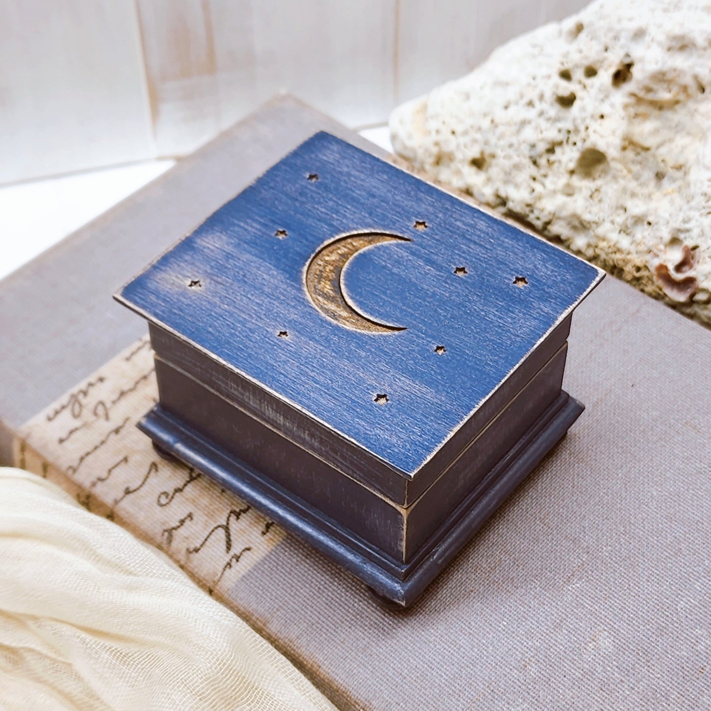 music box in blue color with moon and stars engraved on top, choose color and song, music box by Simplycoolgifts