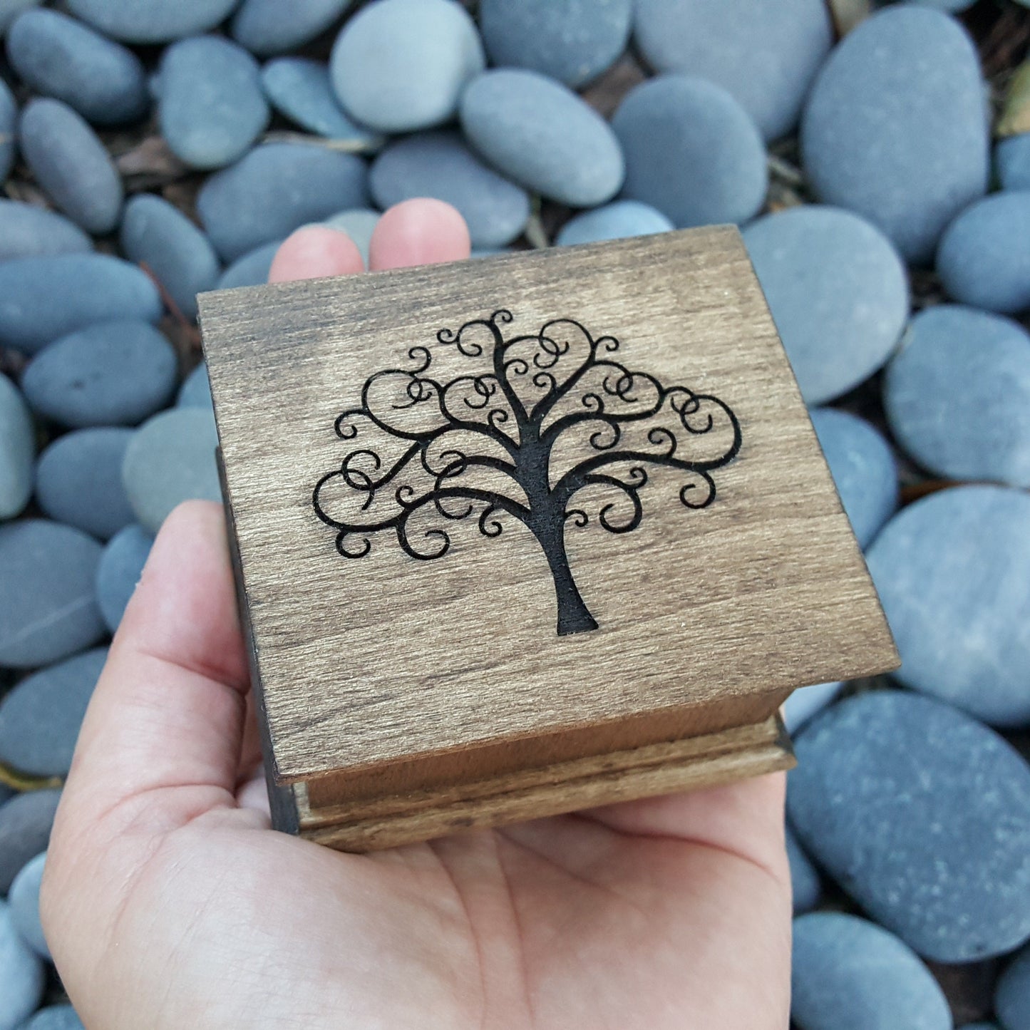Wooden Music Box with Tree of Life design engraved on top, choose from 70 songs, 16 colors add a personalized message to the back