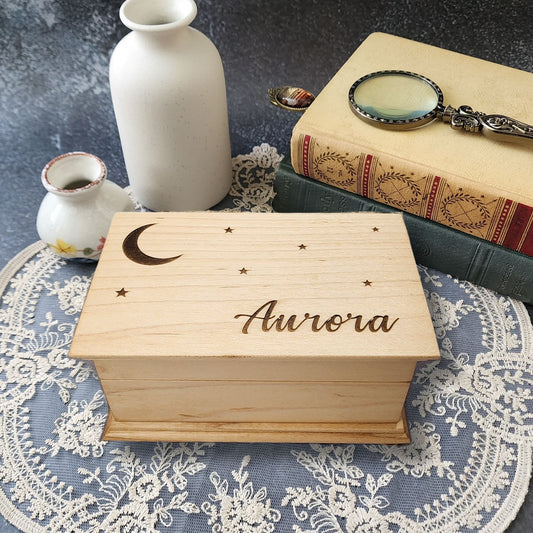 Large personalized moon and stars wooden music box engraved with the name Aurora, handcrafted wind-up keepsake box