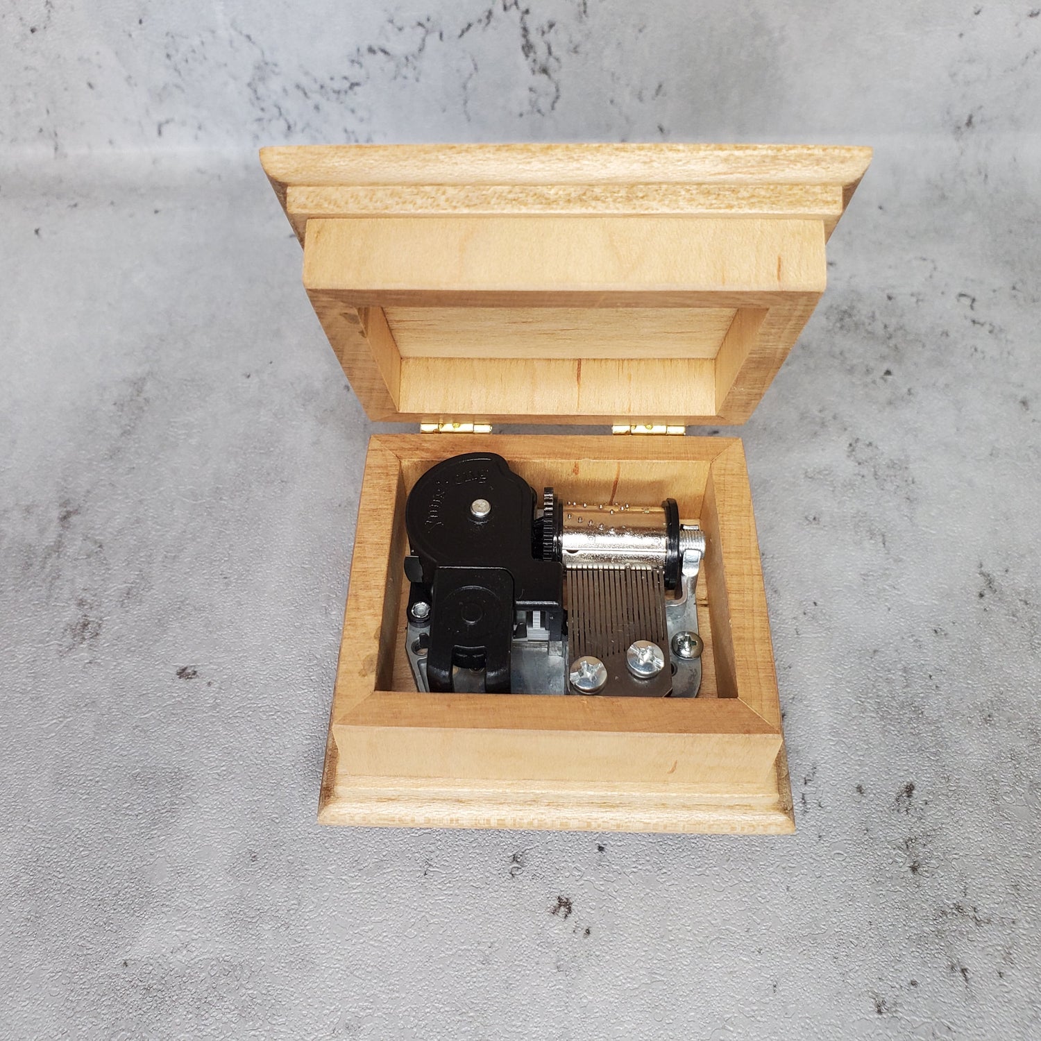 music box with open lid showing the music box insert inside that can play one of the 70 songs I have available