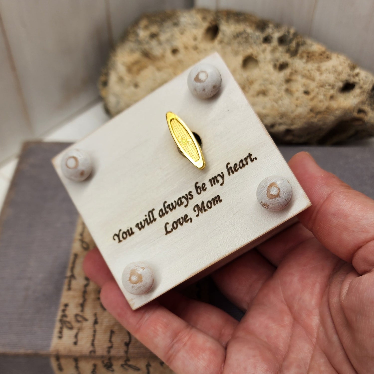 personalized music box with customized message engraved on the bottom side