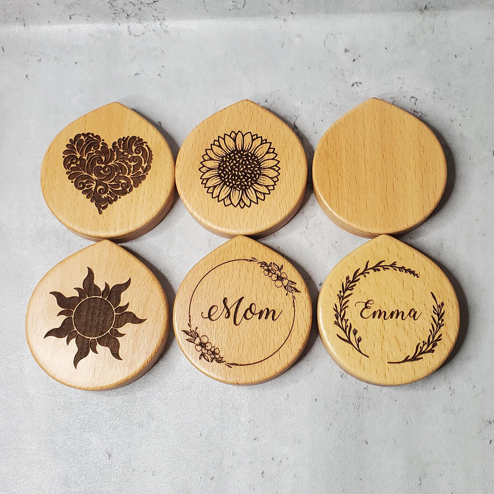Original wooden pocket mirrors with floral and name engravings