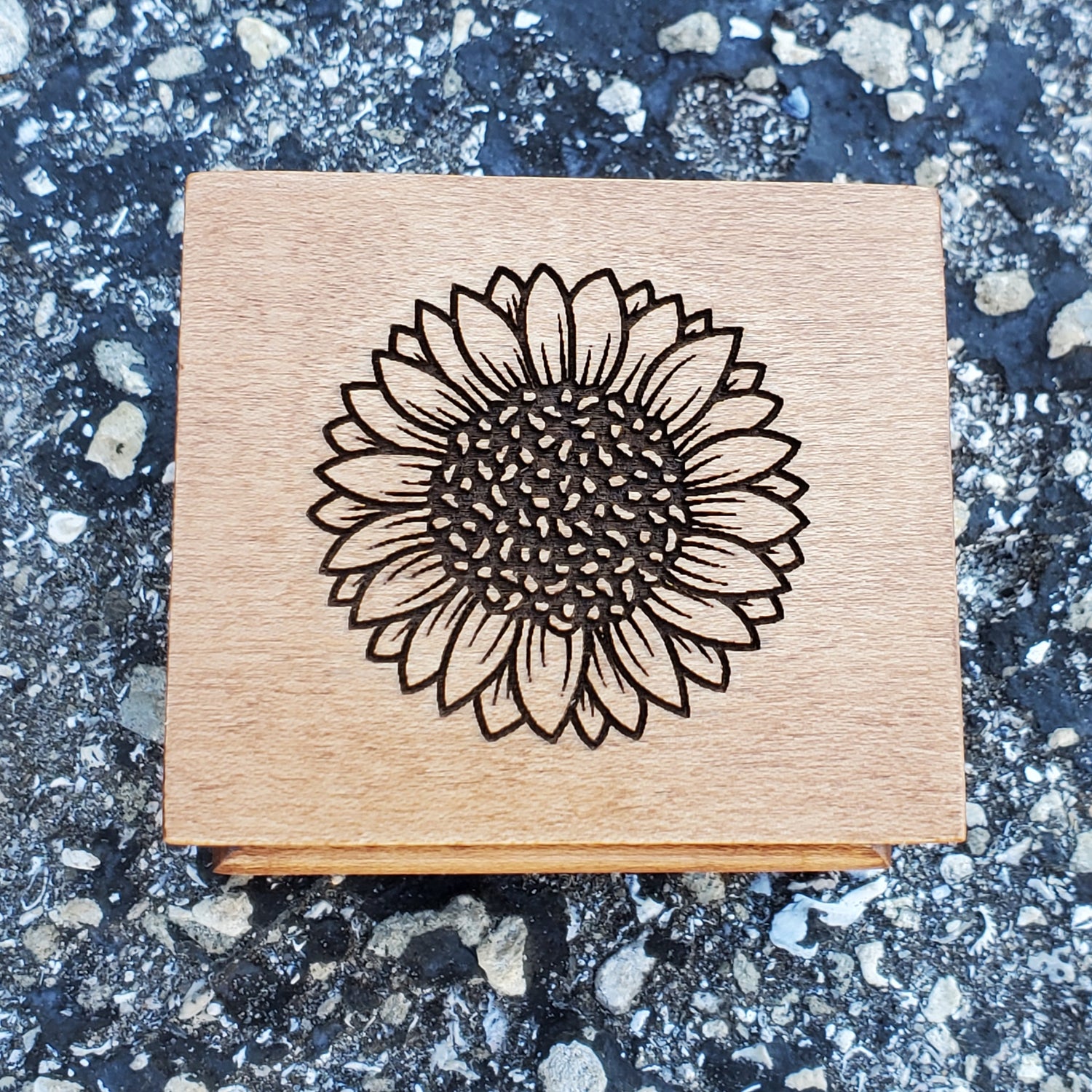 Sunflower engraved music box, handmade in USA, choose song and color,  add personalized message to the bottom side. music box by simplycoolgifts
