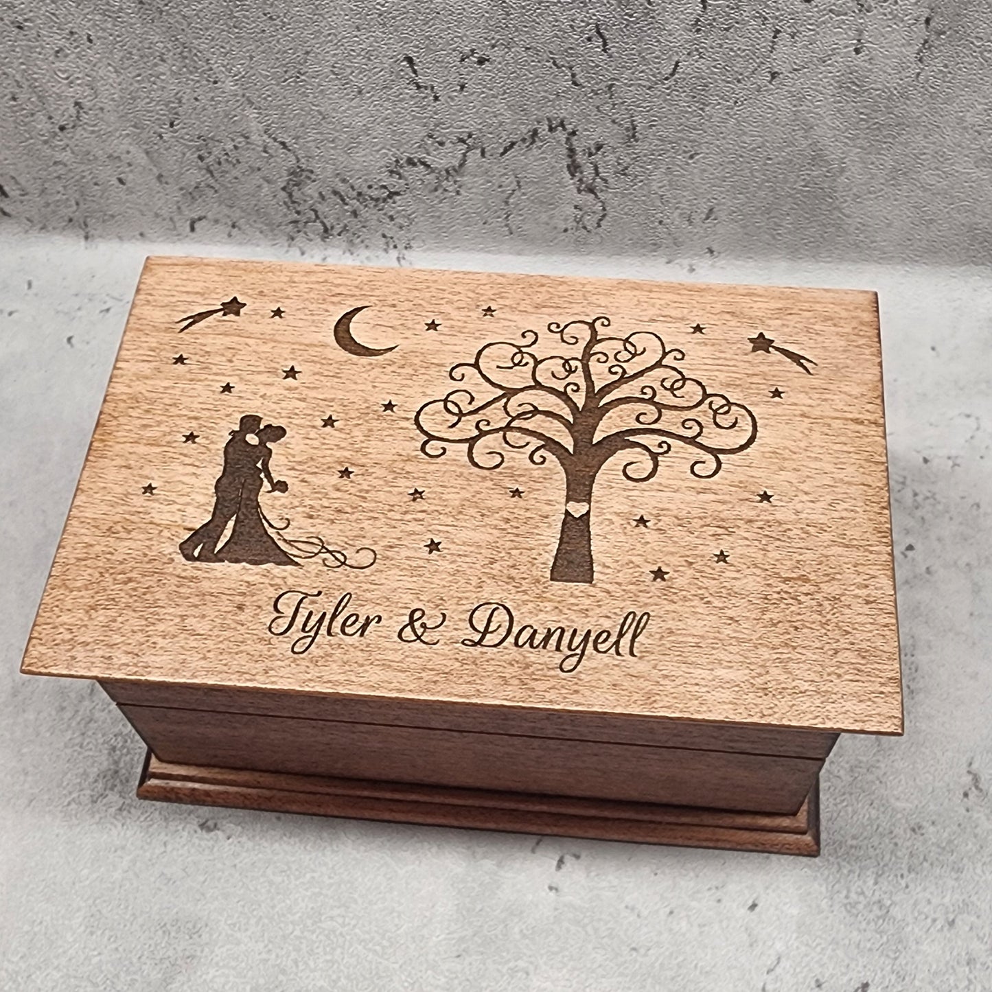 Wedding Jewelry Box with names engraved on top, choose color and song