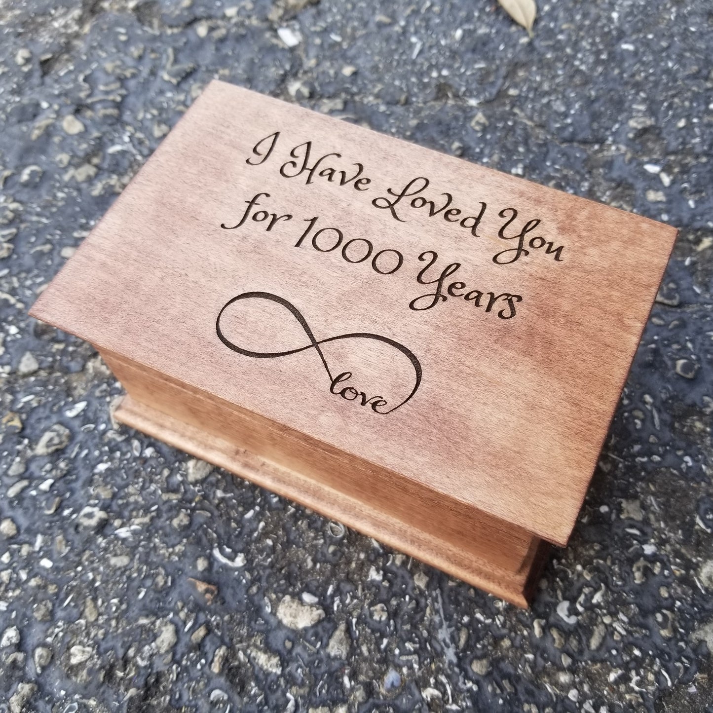 Jewelry Box Music with infinity love symbol and I Have Loved You for a Thousand Years engraving on top, choose color and song