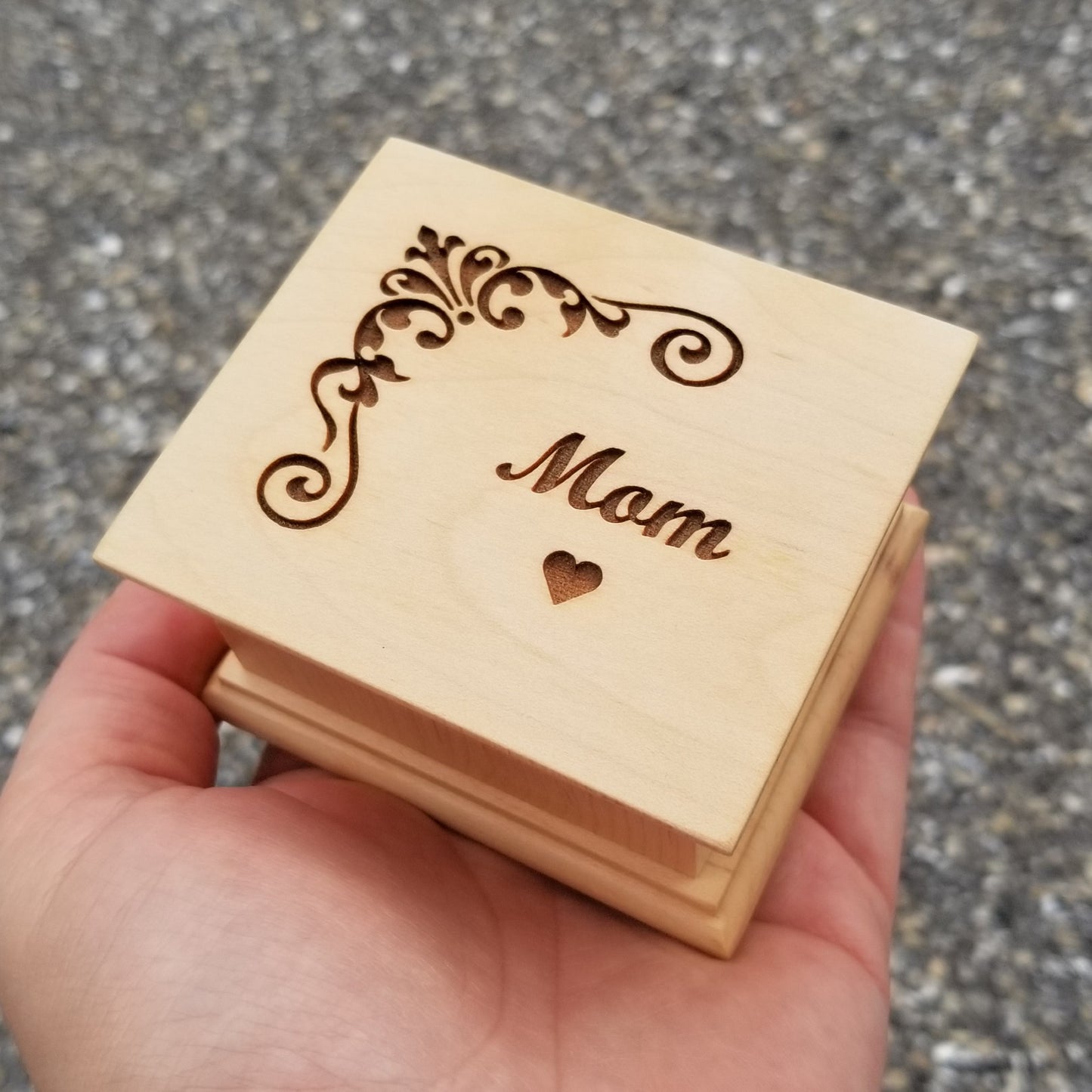 Wooden music box with Mom and heart engraved on top, choose song and color