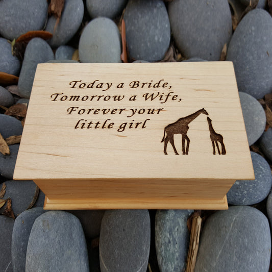 Wooden jewelry box engraved with Today a bride, tomorrow a wife, forever your little girl along with a silhouette image of baby and mom giraffes, choose color and song