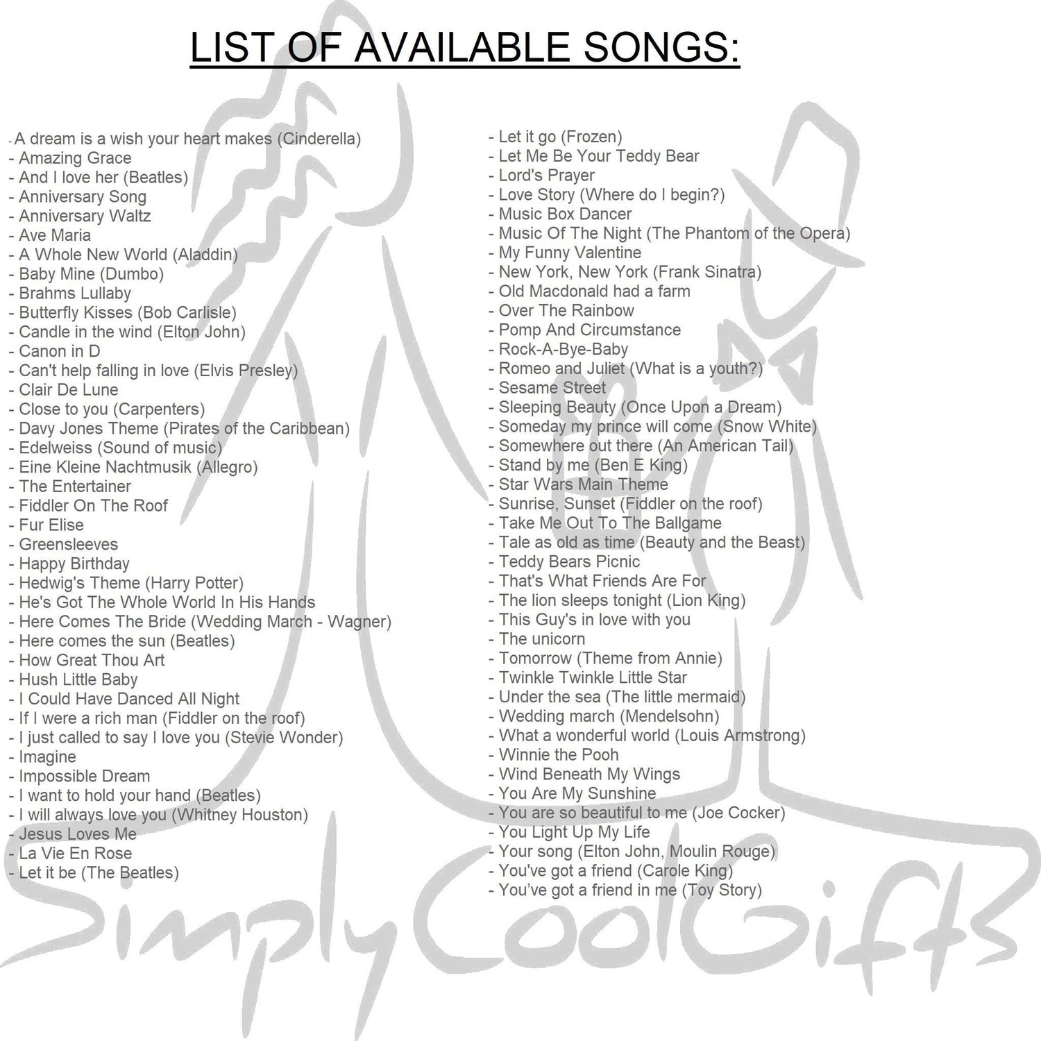 music options for music box Butterfly Kisses, Stand by me, Here comes the sun, You are my sunshine
