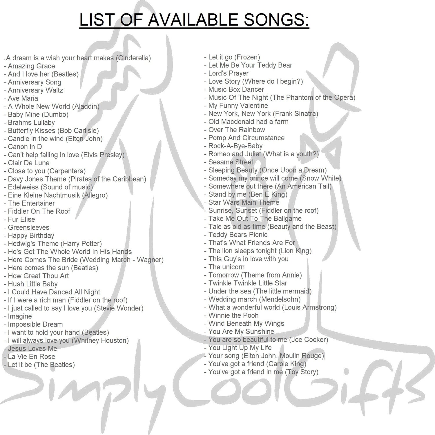 music options for music box Butterfly Kisses, Stand by me, Here comes the sun, You are my sunshine