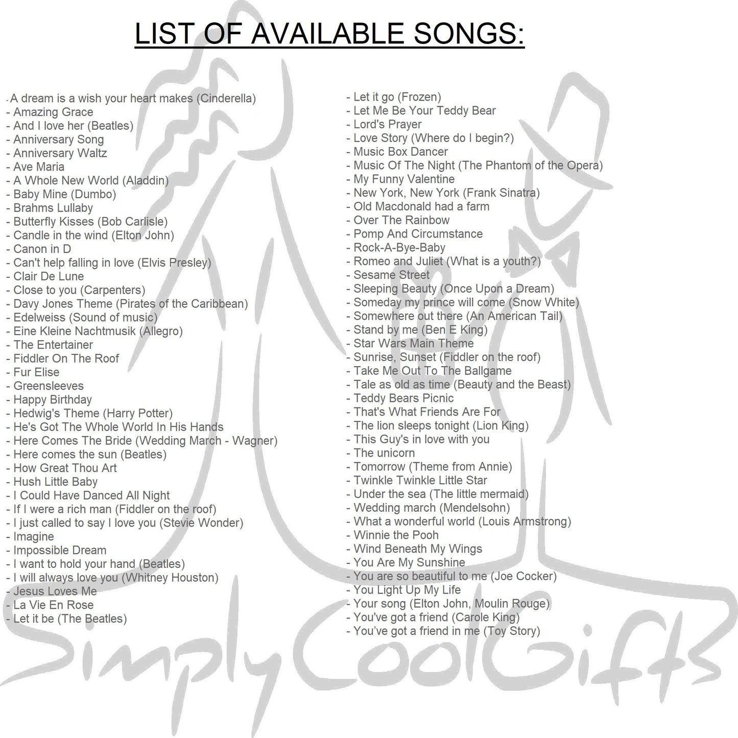 music options for music box Butterfly Kisses, Stand by me, Here comes the sun, You are my sunshine