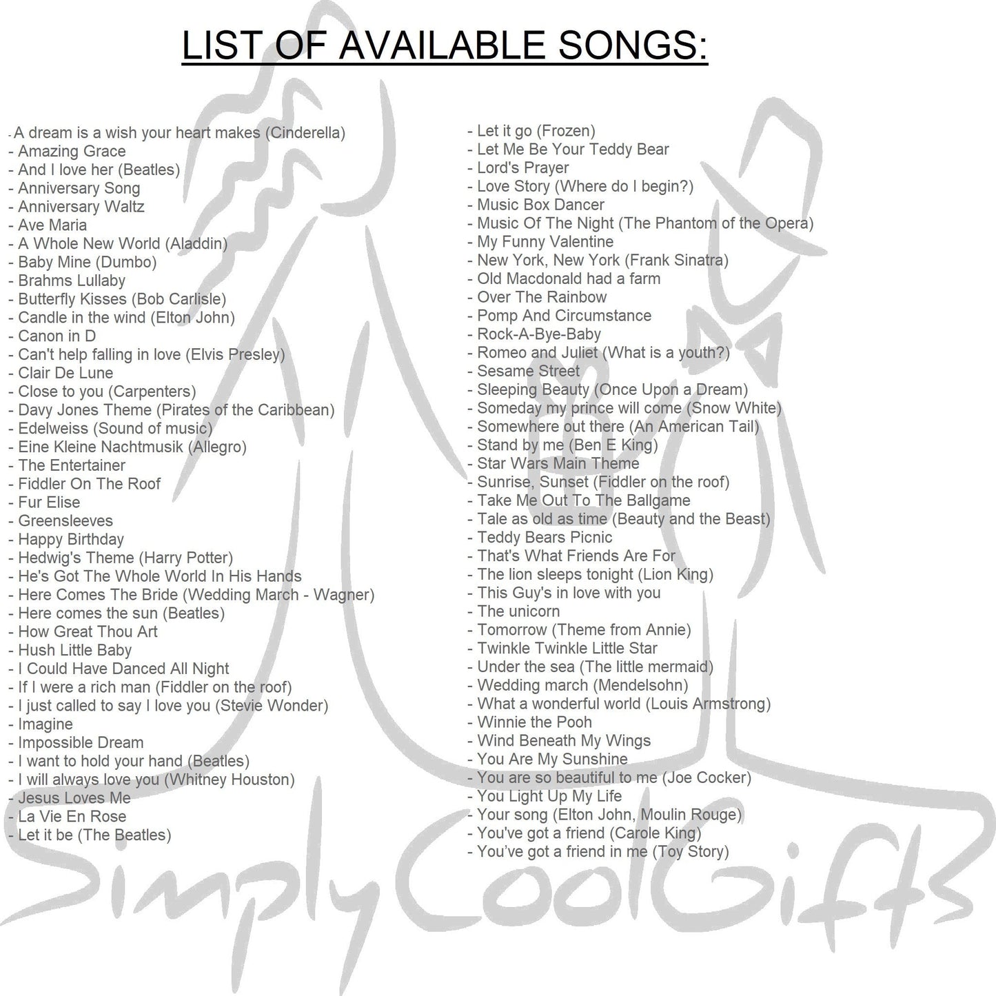 music options for music box Butterfly Kisses, Stand by me, Here comes the sun, You are my sunshine