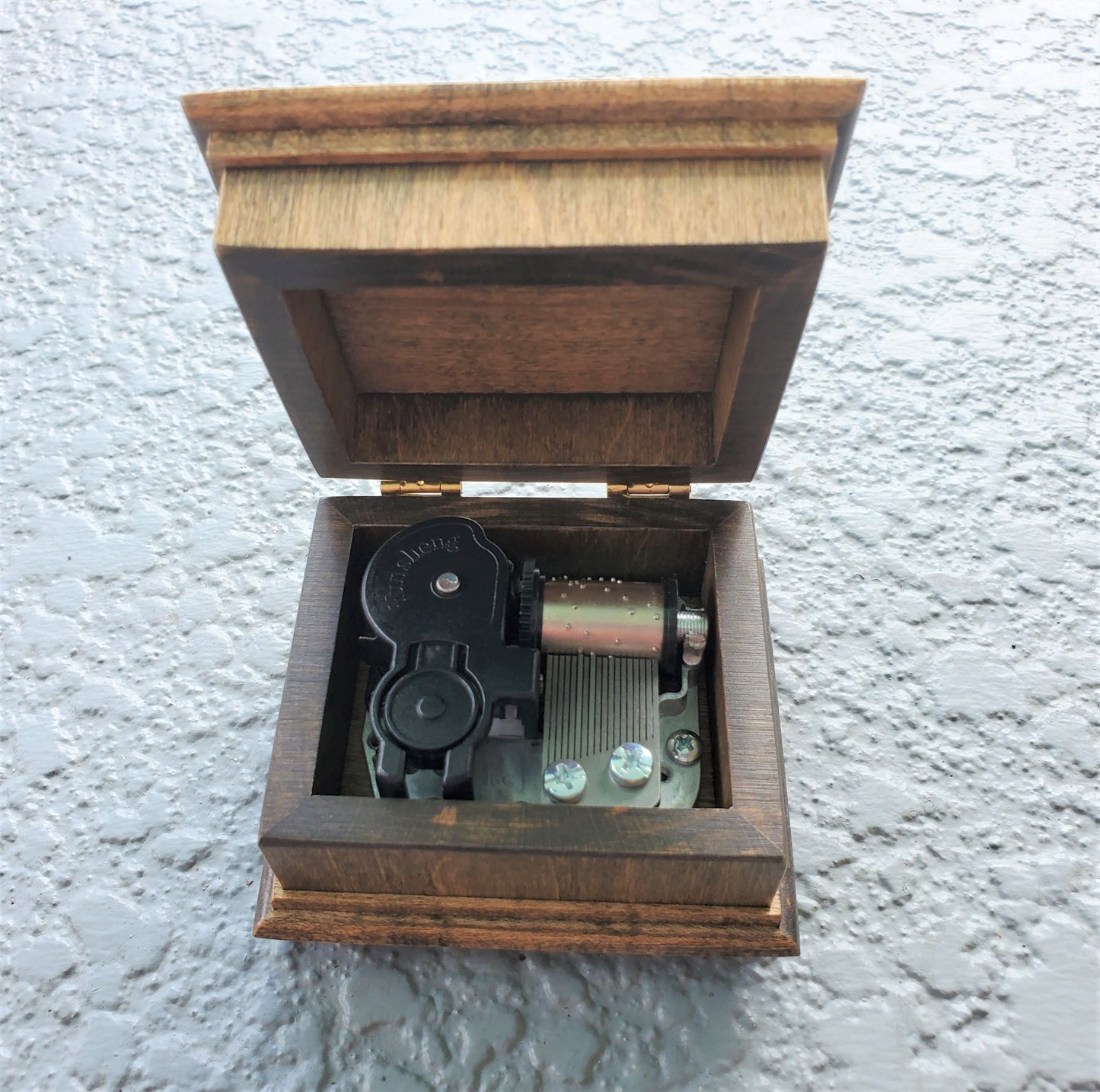 music box open lid showing wing up music box movement built in choose color and song