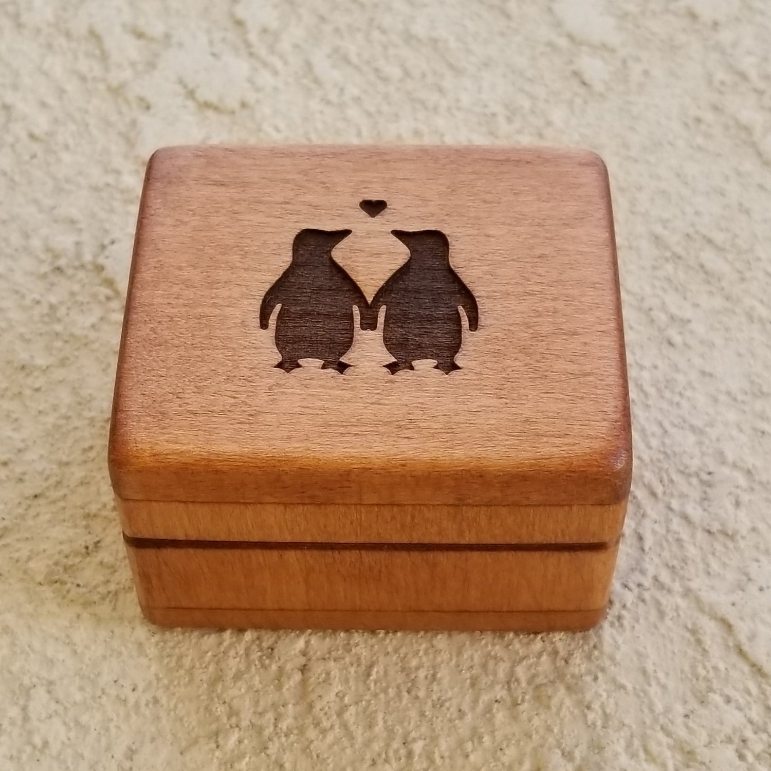 ring box with penguins engraved on top, choose color, personalize