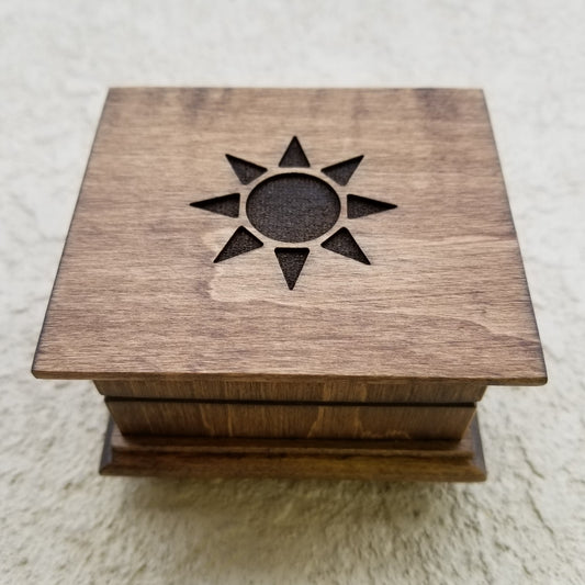 Wooden Music box with sun engraved on top, choose color and song, personalize