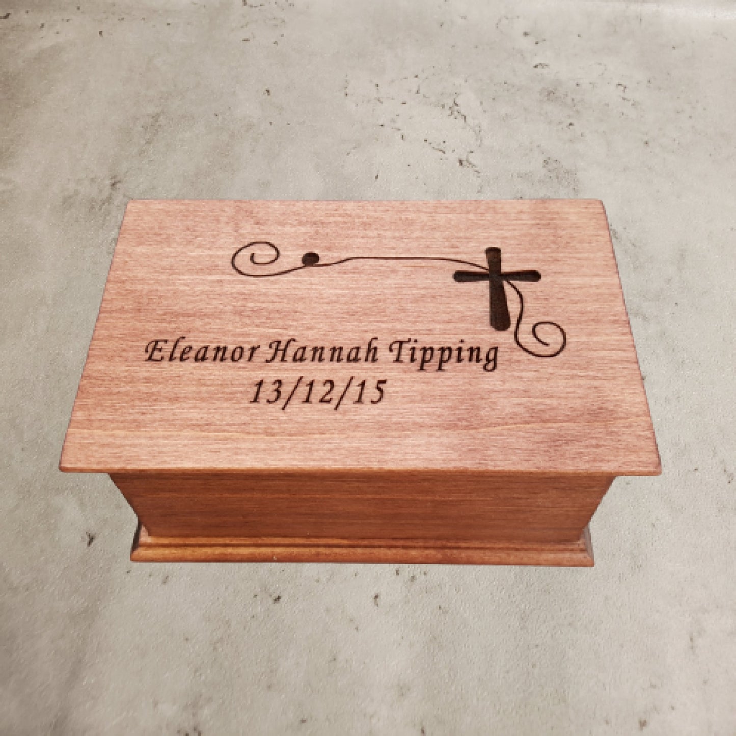 Baptism box with name and cross on top with built in music player