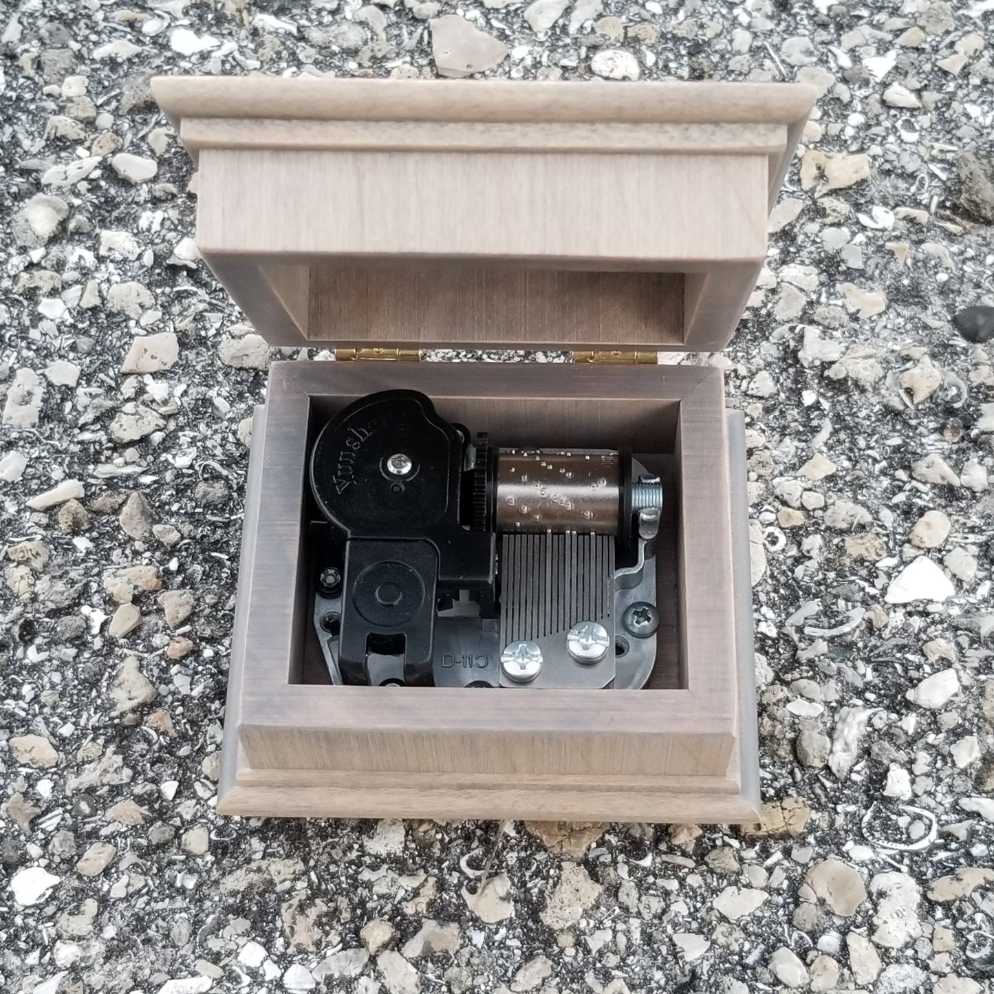 engraved music box with open lid showing music box movement, personalize it, add your color and song