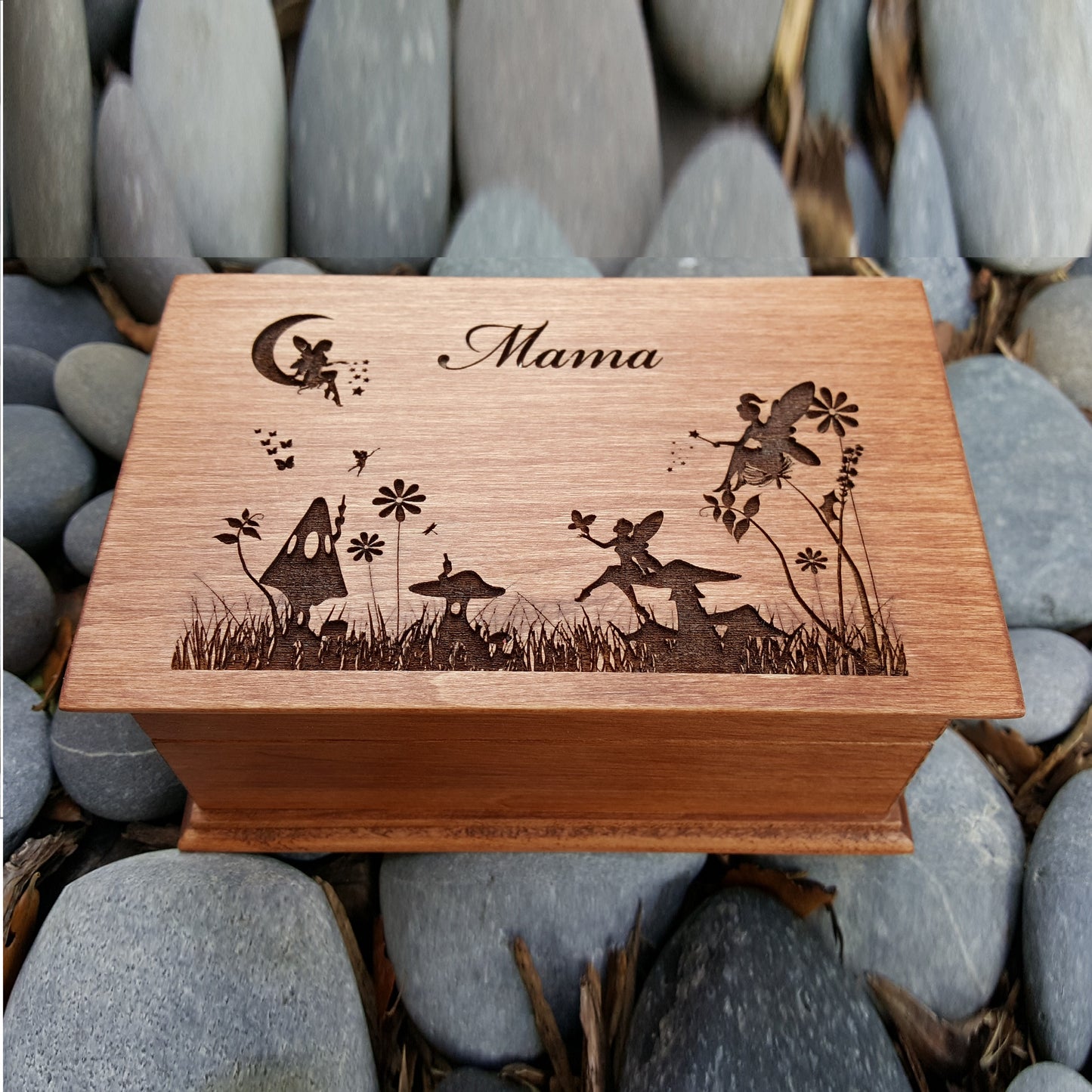 Fairy garden engraved jewelry box with name on top with built in music player