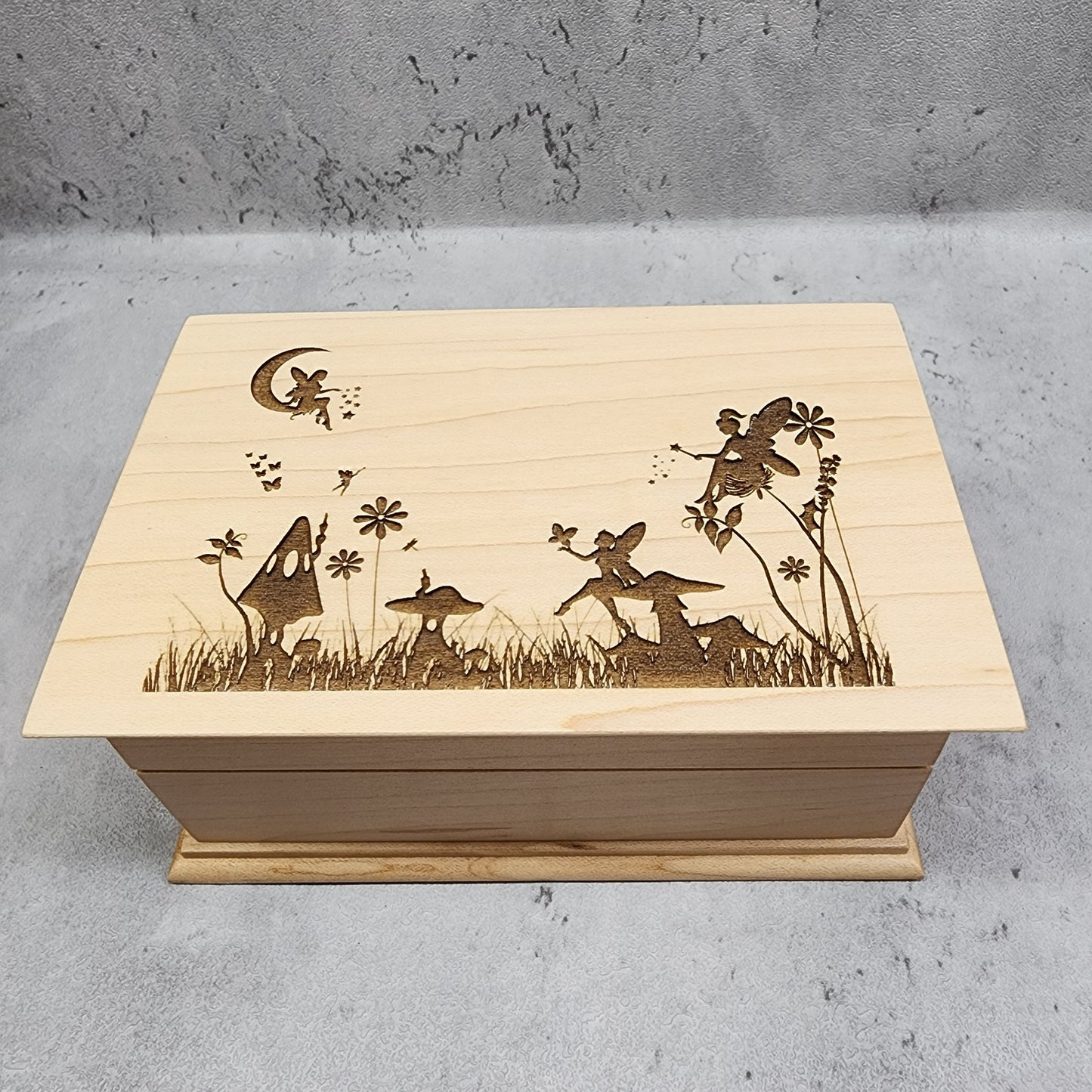 fairy world engraved jewelry box with music box movement built in. customized gift, personalized engravings