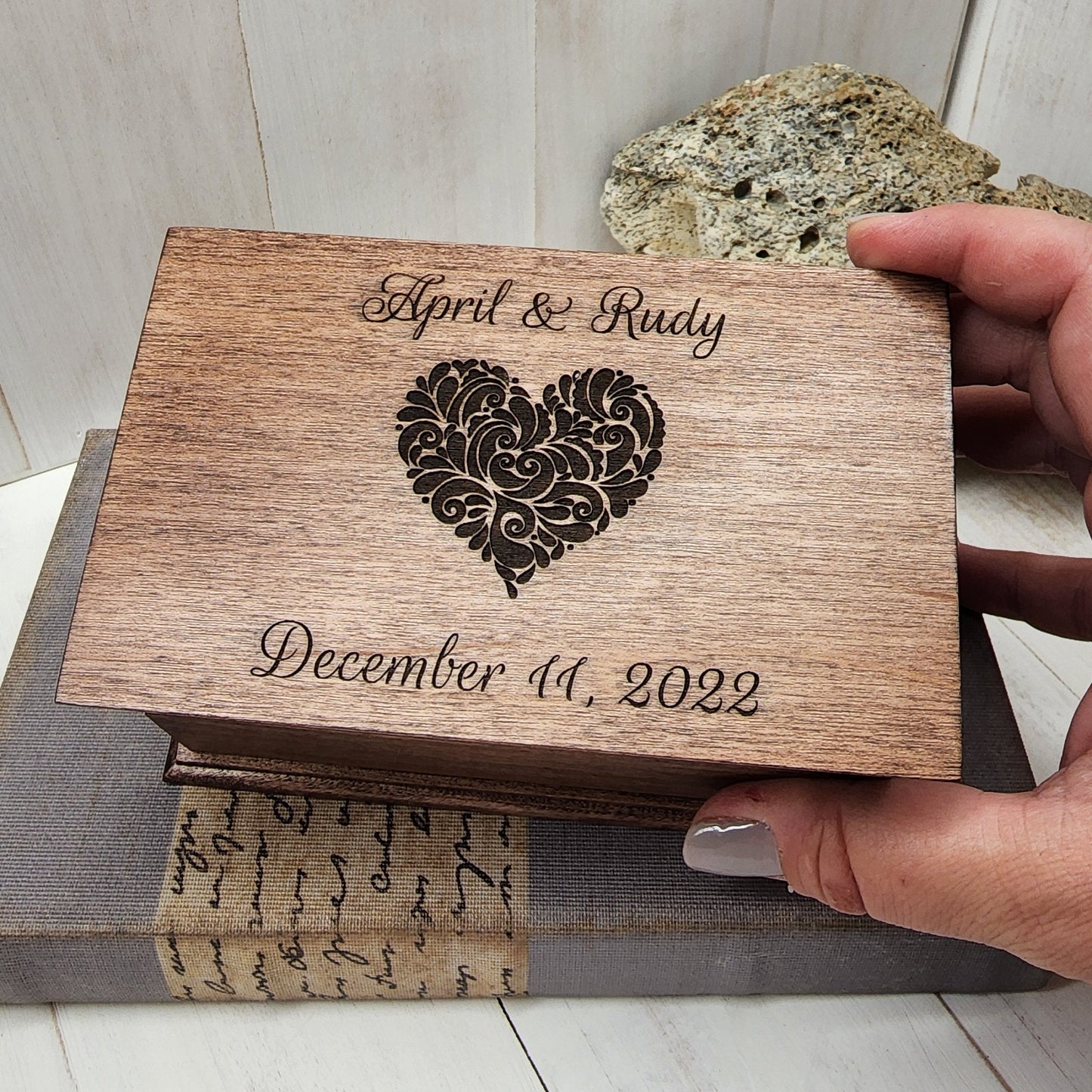 Heart Jewelry Box with names and date engraved on top, choose color and song